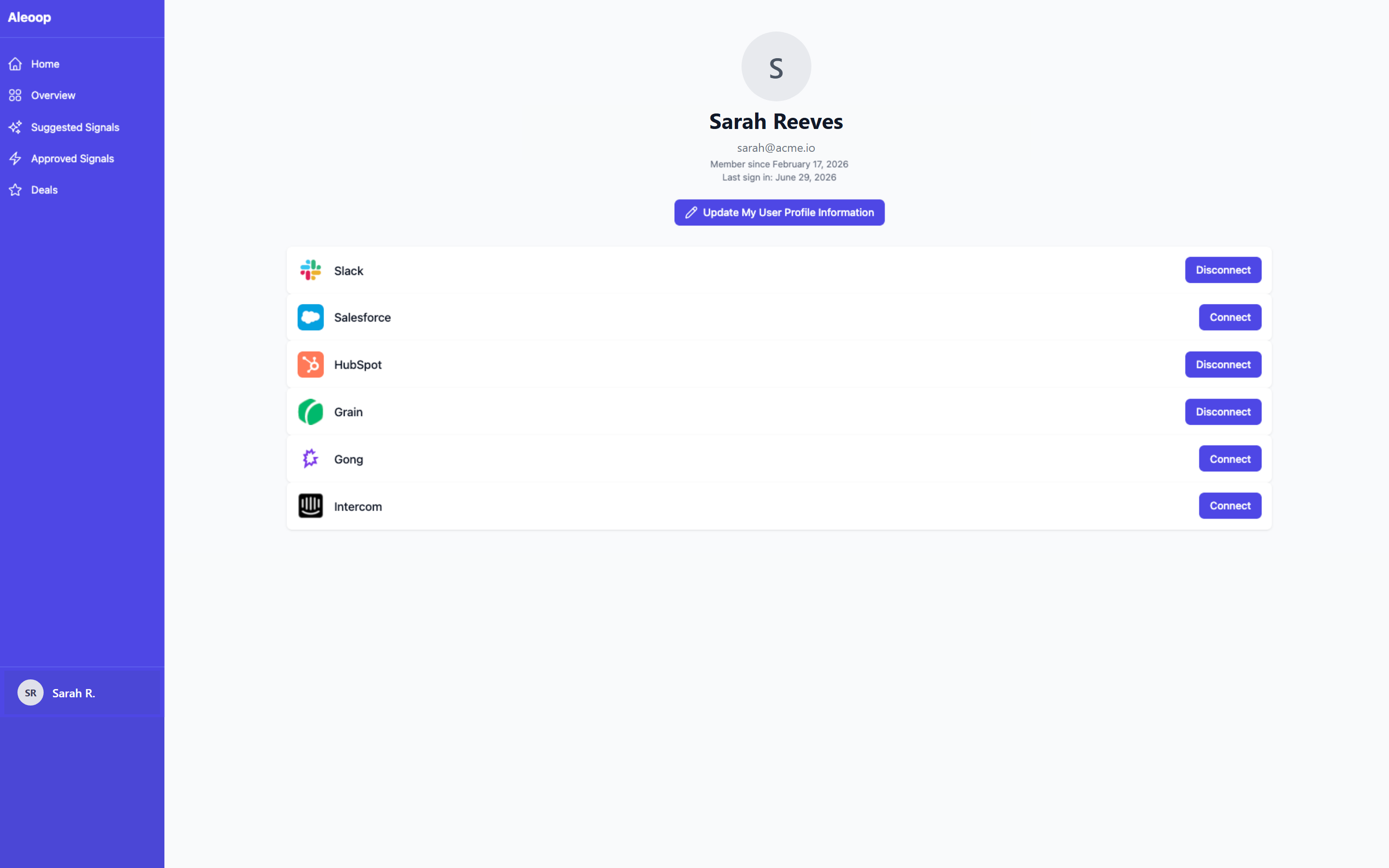 Aleoop integrations screen showing Slack, HubSpot, and Grain connected